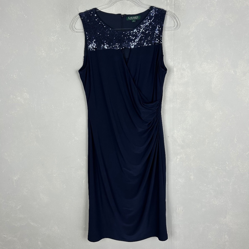 Ralph Lauren size 12 sheath ruched dress navy sequin keyhole stretch knee length